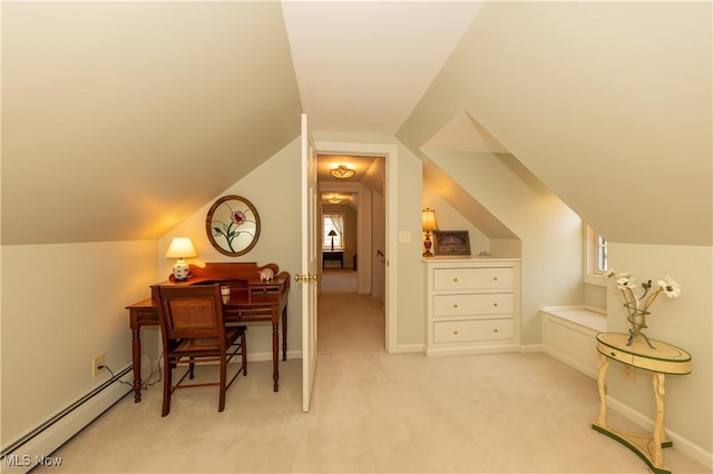 office space featuring light carpet, a baseboard heating unit, baseboards, and vaulted ceiling