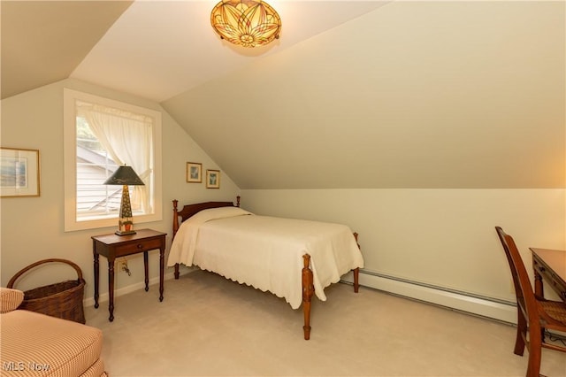 bedroom featuring light colored carpet, lofted ceiling, and baseboard heating