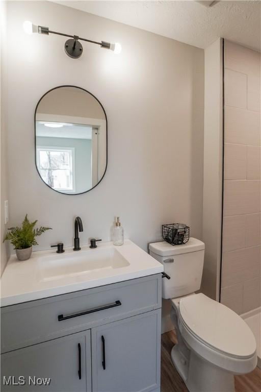 bathroom featuring toilet, wood finished floors, and vanity