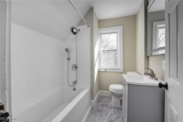 bathroom with vanity, toilet, shower / bathtub combination, and a wealth of natural light