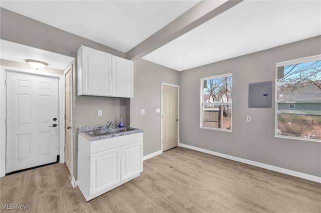 kitchen with a sink, electric panel, light wood-style floors, white cabinets, and baseboards