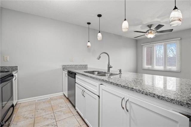 kitchen with a sink, light stone countertops, stainless steel dishwasher, white cabinets, and range