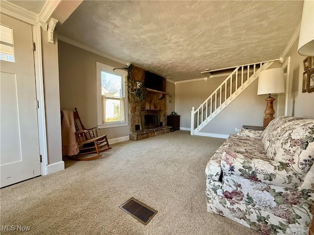 unfurnished living room with crown molding, stairway, baseboards, and carpet floors