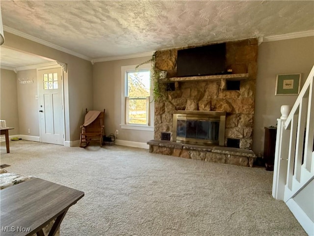 carpeted living area with baseboards, stairs, and crown molding