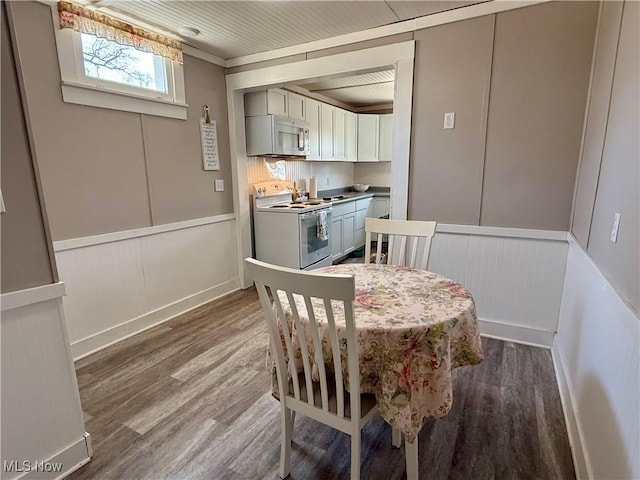 dining area featuring a wainscoted wall, dark wood finished floors, and a decorative wall