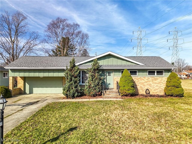 ranch-style home with brick siding, concrete driveway, a front lawn, and a garage