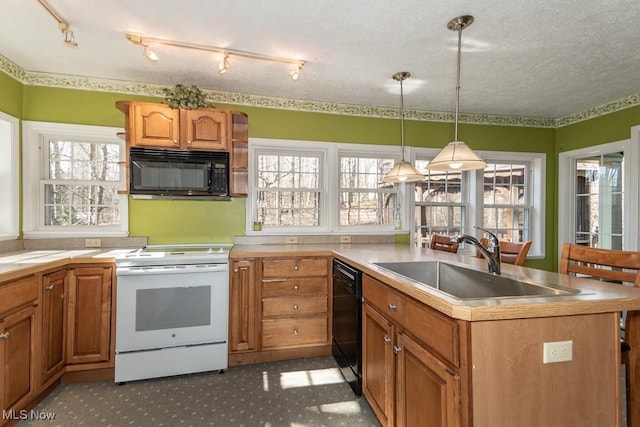 kitchen featuring black appliances, plenty of natural light, a peninsula, and a sink