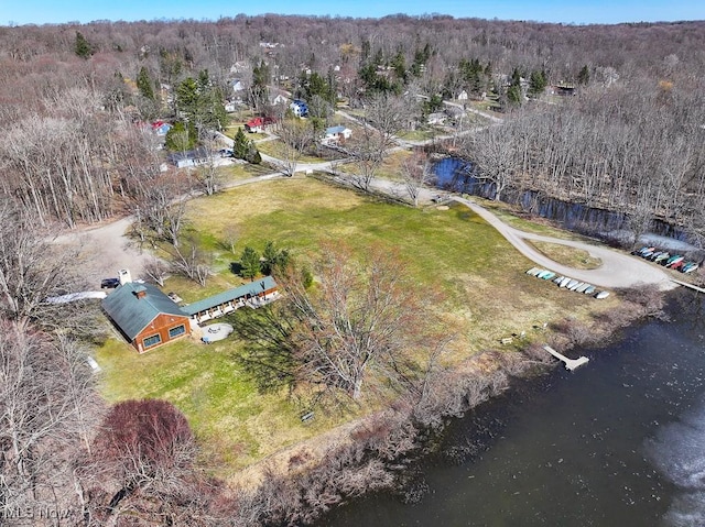 aerial view featuring a wooded view