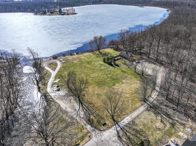 birds eye view of property featuring a forest view and a water view