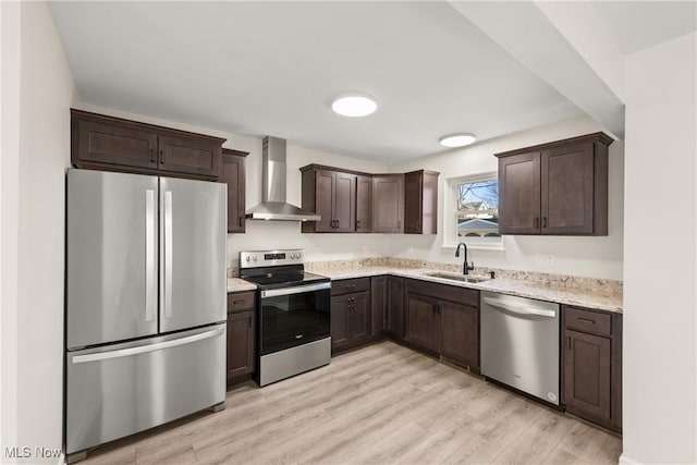 kitchen with light wood finished floors, wall chimney range hood, dark brown cabinetry, stainless steel appliances, and a sink