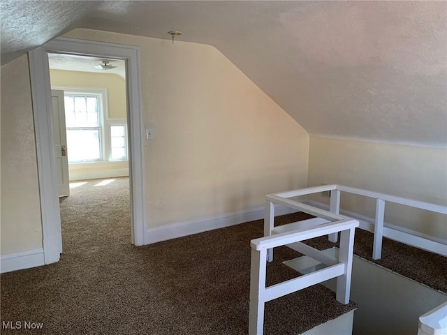 additional living space with baseboards, carpet floors, and a textured ceiling