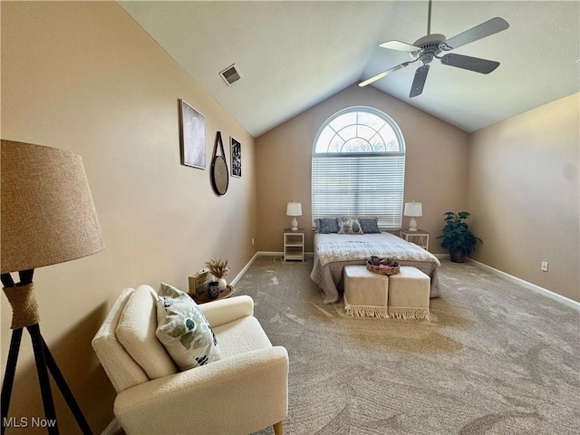 carpeted bedroom featuring visible vents, a ceiling fan, baseboards, and vaulted ceiling