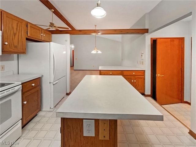 kitchen with vaulted ceiling with beams, light floors, light countertops, brown cabinetry, and white appliances