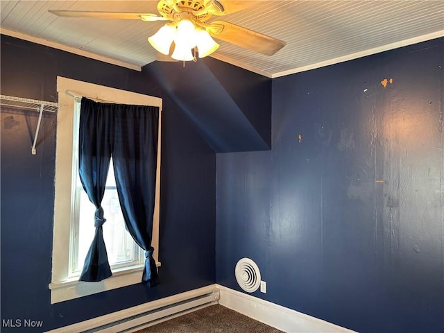 bonus room featuring visible vents, baseboards, carpet floors, ceiling fan, and vaulted ceiling