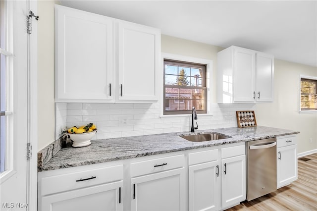 kitchen featuring dishwasher, decorative backsplash, white cabinets, and a sink