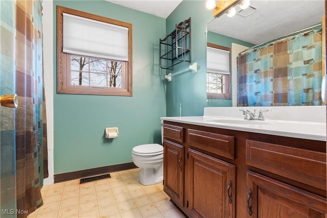 bathroom featuring visible vents, baseboards, toilet, and vanity