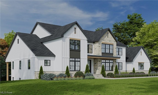 modern farmhouse with a front lawn, board and batten siding, and roof with shingles