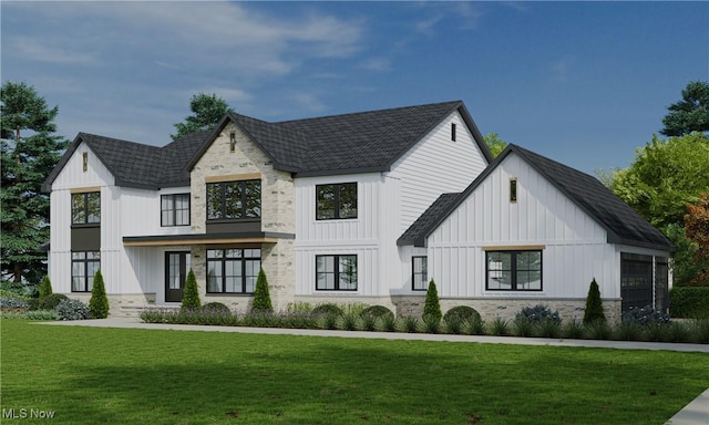 modern farmhouse featuring stone siding, board and batten siding, and a front lawn