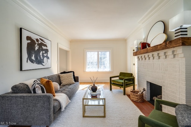 living area featuring a brick fireplace and ornamental molding