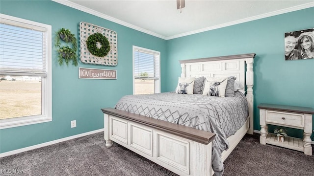 bedroom featuring dark carpet, a ceiling fan, crown molding, and baseboards