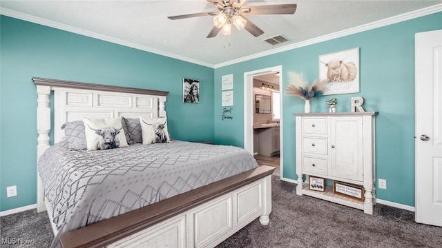 bedroom with baseboards, visible vents, dark colored carpet, and ornamental molding