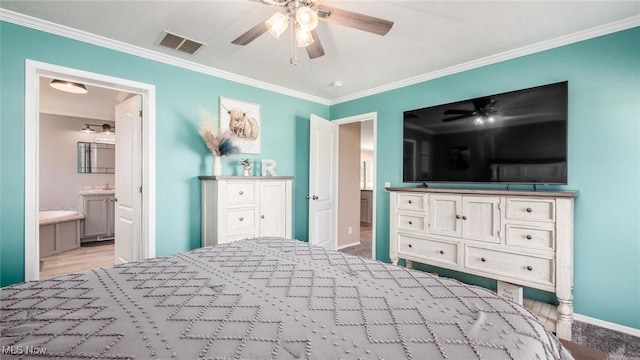 bedroom featuring visible vents, baseboards, and crown molding