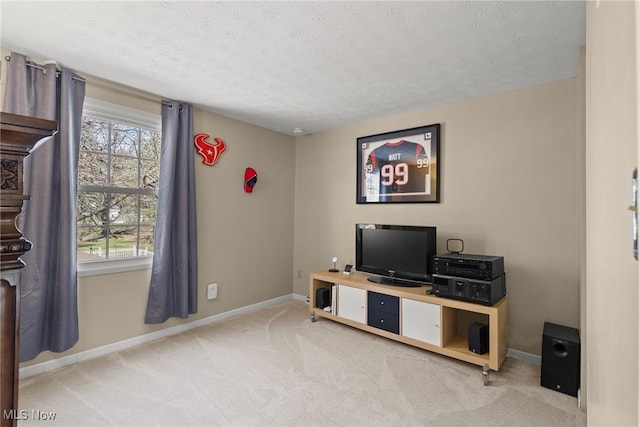 interior space featuring baseboards, carpet, and a textured ceiling