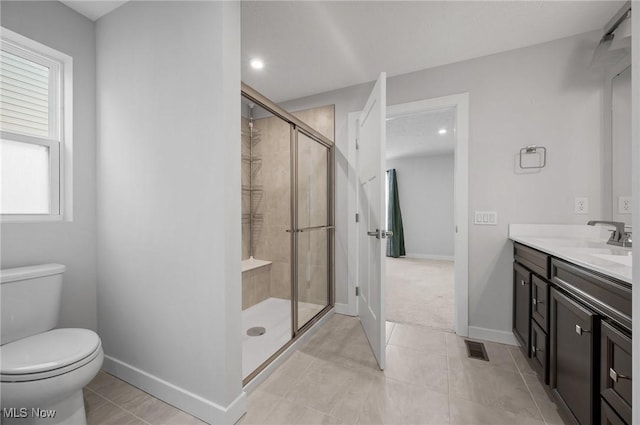 full bath featuring vanity, baseboards, visible vents, a shower stall, and toilet