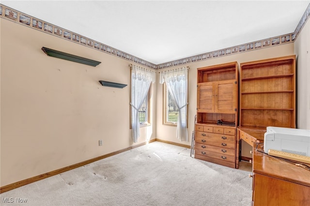 interior space featuring baseboards and light carpet