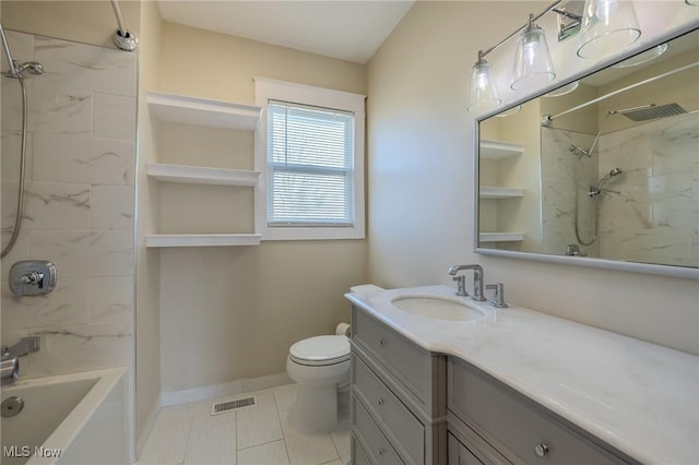 bathroom with visible vents, baseboards, toilet, bathing tub / shower combination, and vanity