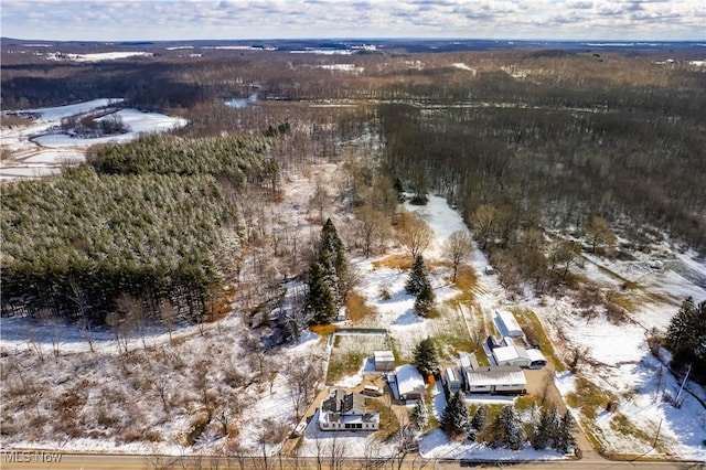 snowy aerial view with a view of trees