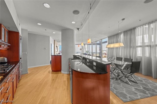 kitchen featuring a sink, light wood-style flooring, dark stone countertops, and a center island with sink