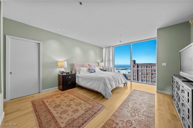 bedroom featuring access to exterior, baseboards, light wood-style floors, and expansive windows