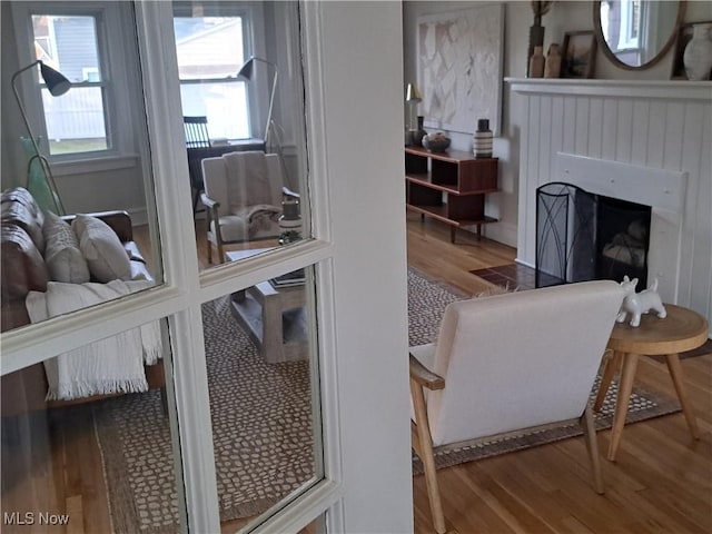 interior space with a fireplace and wood finished floors