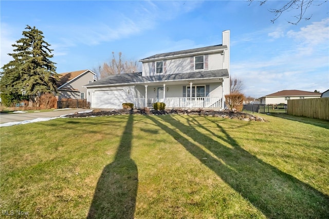 traditional-style house featuring a front lawn, fence, a porch, concrete driveway, and an attached garage