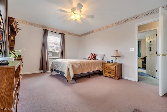 bedroom with baseboards, carpet, and a ceiling fan