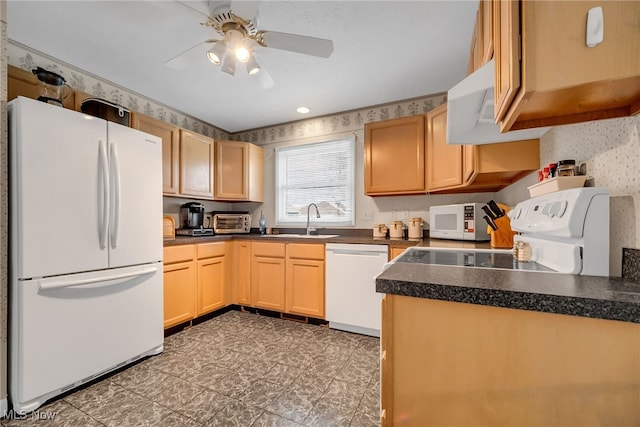 kitchen featuring white appliances, a ceiling fan, wallpapered walls, a sink, and dark countertops