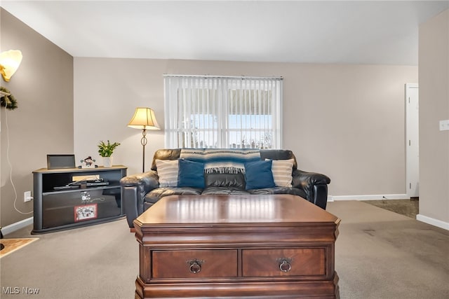 living area featuring baseboards and carpet