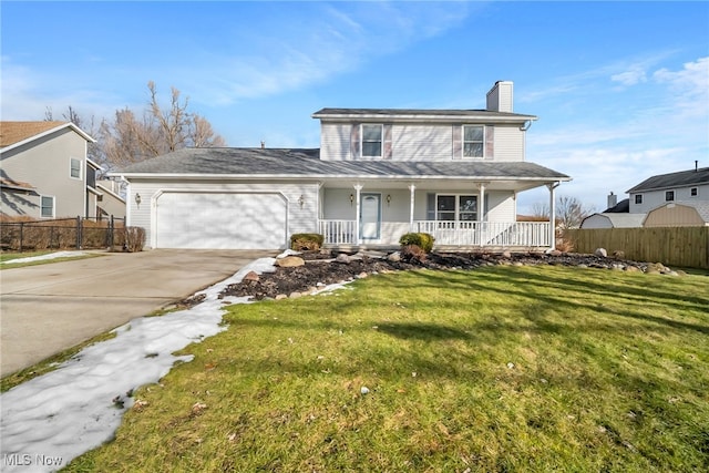 traditional home featuring fence, a porch, concrete driveway, a front yard, and an attached garage