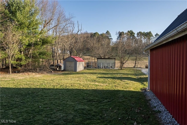 view of yard featuring a storage unit and an outbuilding