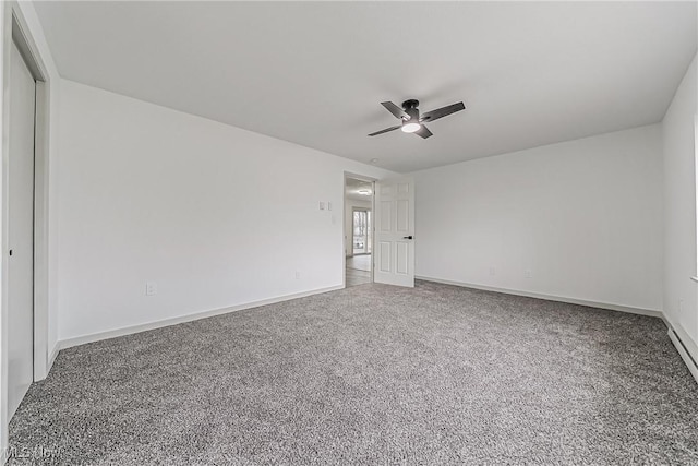 unfurnished bedroom with ceiling fan, baseboards, and carpet