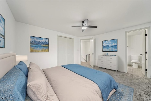 carpeted bedroom with a ceiling fan, a closet, and connected bathroom