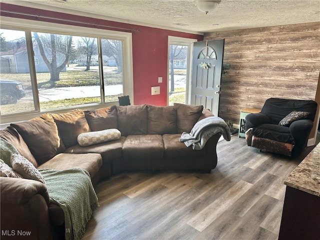 living area with wood finished floors and a textured ceiling