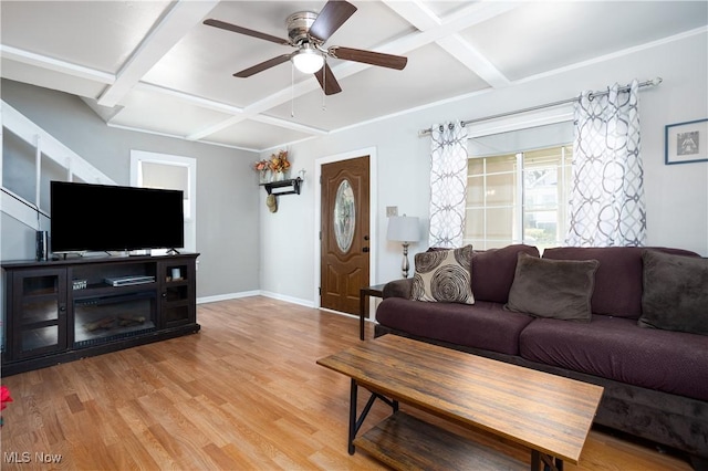 living room with light wood finished floors, baseboards, coffered ceiling, and ceiling fan