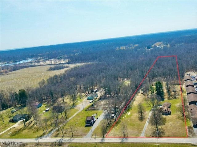 drone / aerial view featuring a view of trees and a rural view