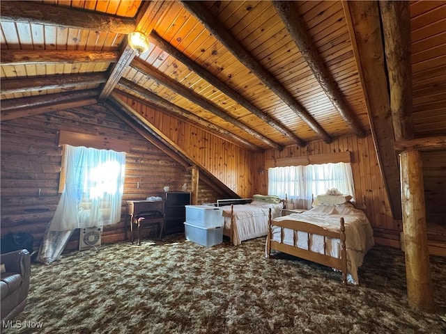 unfurnished bedroom featuring wooden ceiling, vaulted ceiling with beams, wood walls, and carpet floors