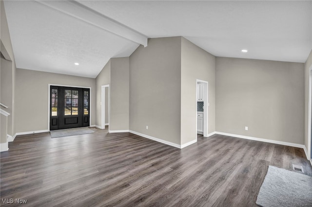 unfurnished living room featuring visible vents, vaulted ceiling with beams, baseboards, recessed lighting, and dark wood-style floors