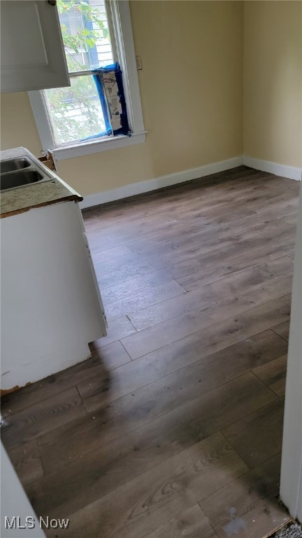 interior space featuring a sink, baseboards, and dark wood-style flooring