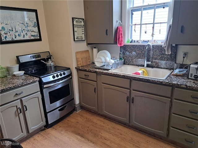 kitchen featuring gray cabinetry, a sink, stainless steel electric stove, backsplash, and light wood-style floors