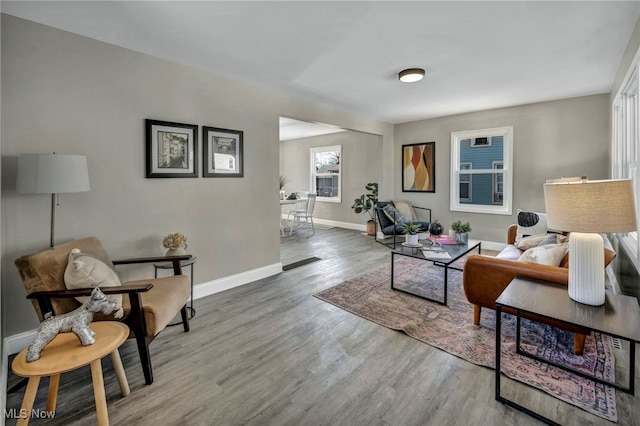 living room with baseboards and wood finished floors